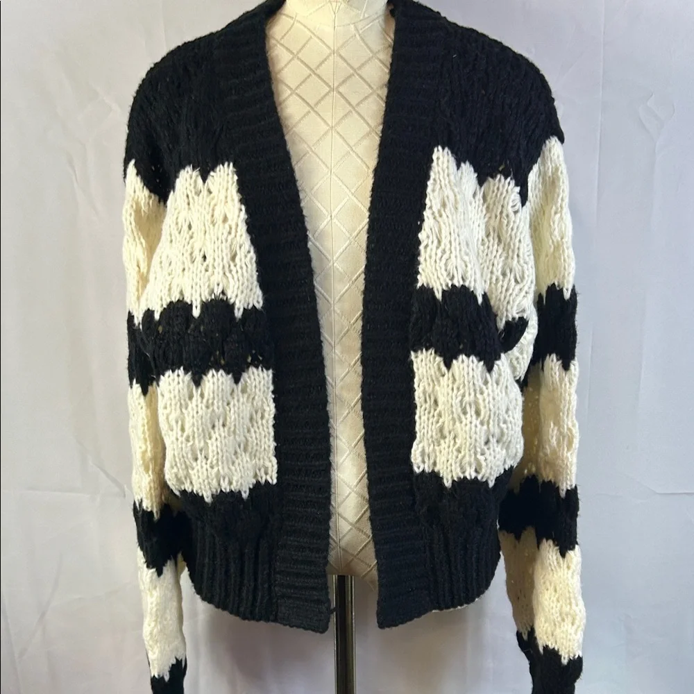 HYFVE Black and White Medium Open Knit Striped Cardigan New